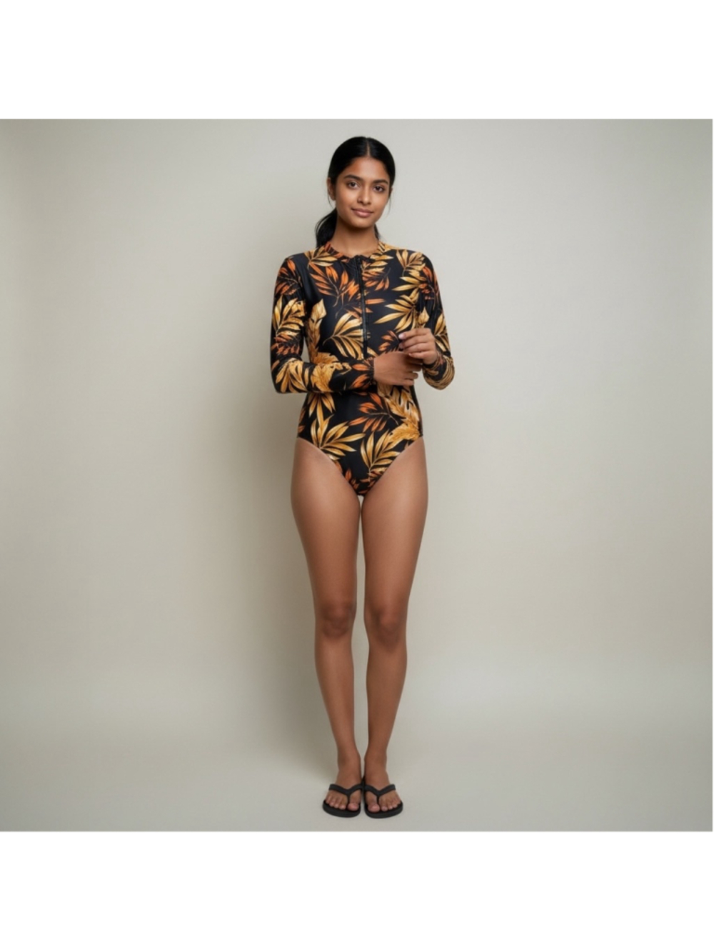 Size L Long Sleeve One Piece Swimsuit Black Orange & Gold Tropical Leaf Print